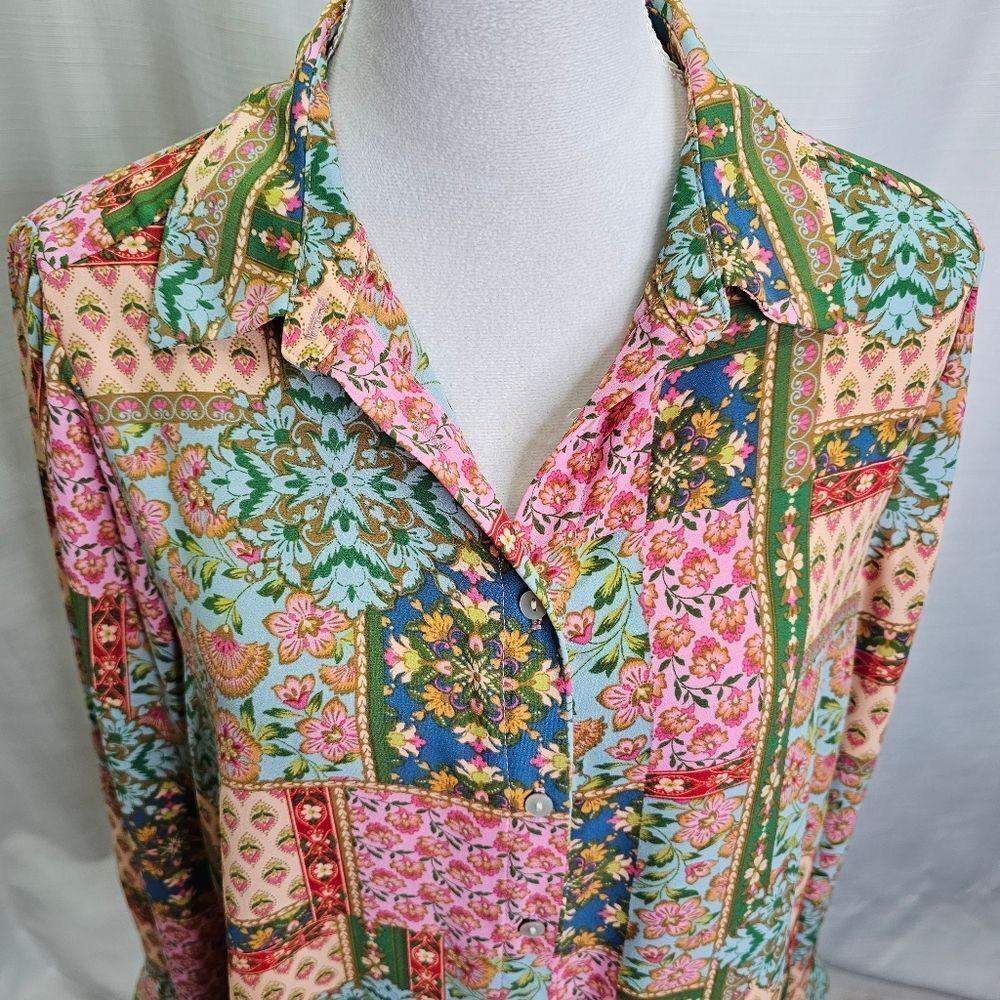 Rose & Olive Multicolor Patchwork Button Front Bl… - image 4